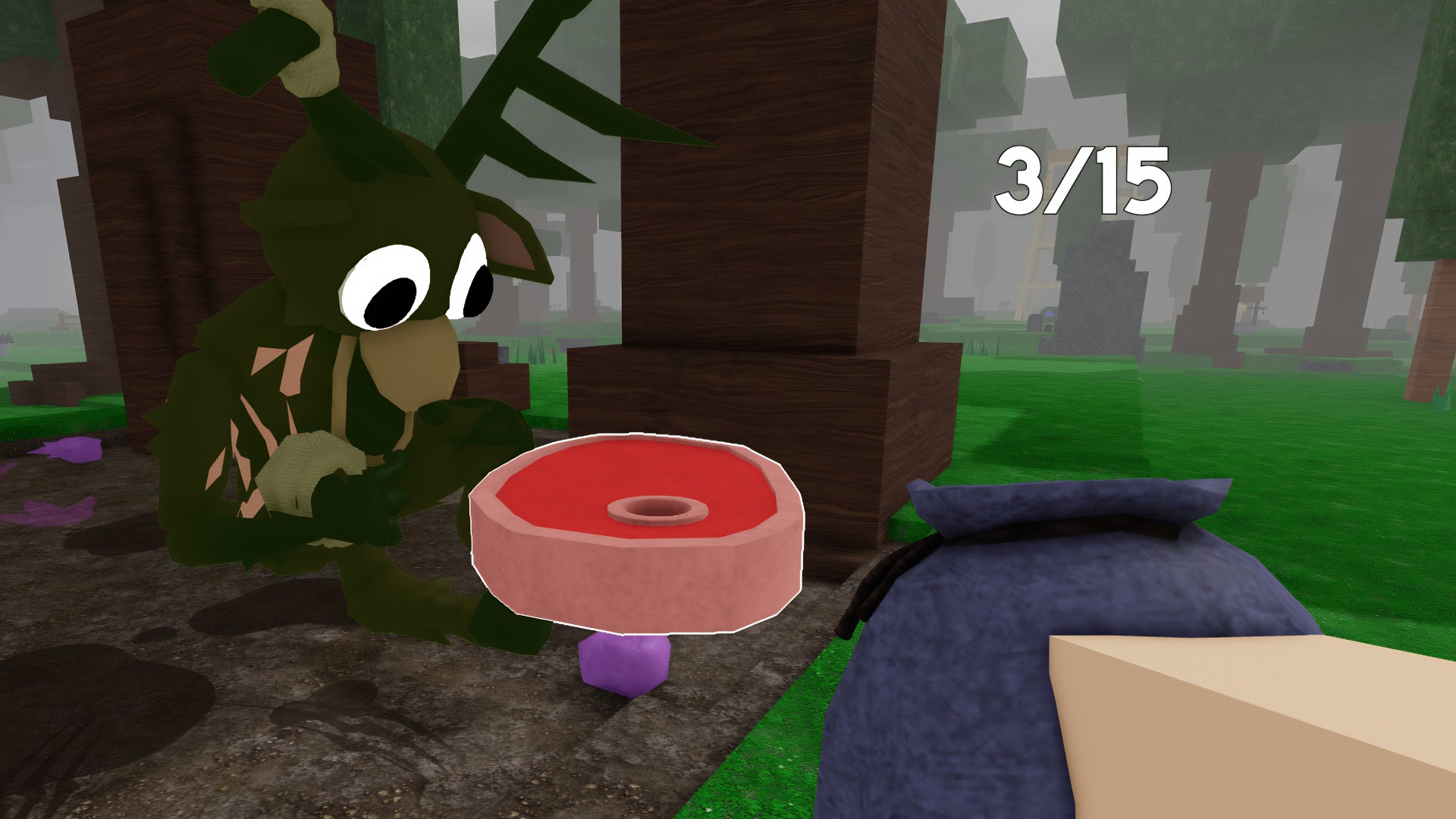 An in-game screenshot from Roblox's 99 Nights In The Forest, showing the player feeding the deer raw steak after the event where he appears wounded in the woods. - 4