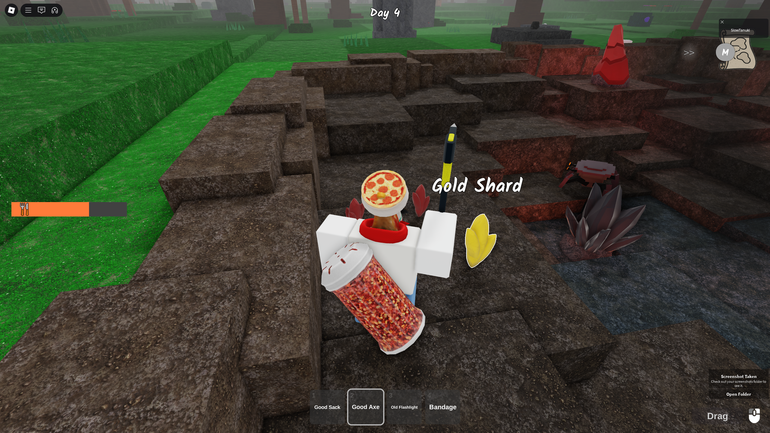 A character standing next to a Gold Shard on the floor in 99 Nights in the Forest. - 7