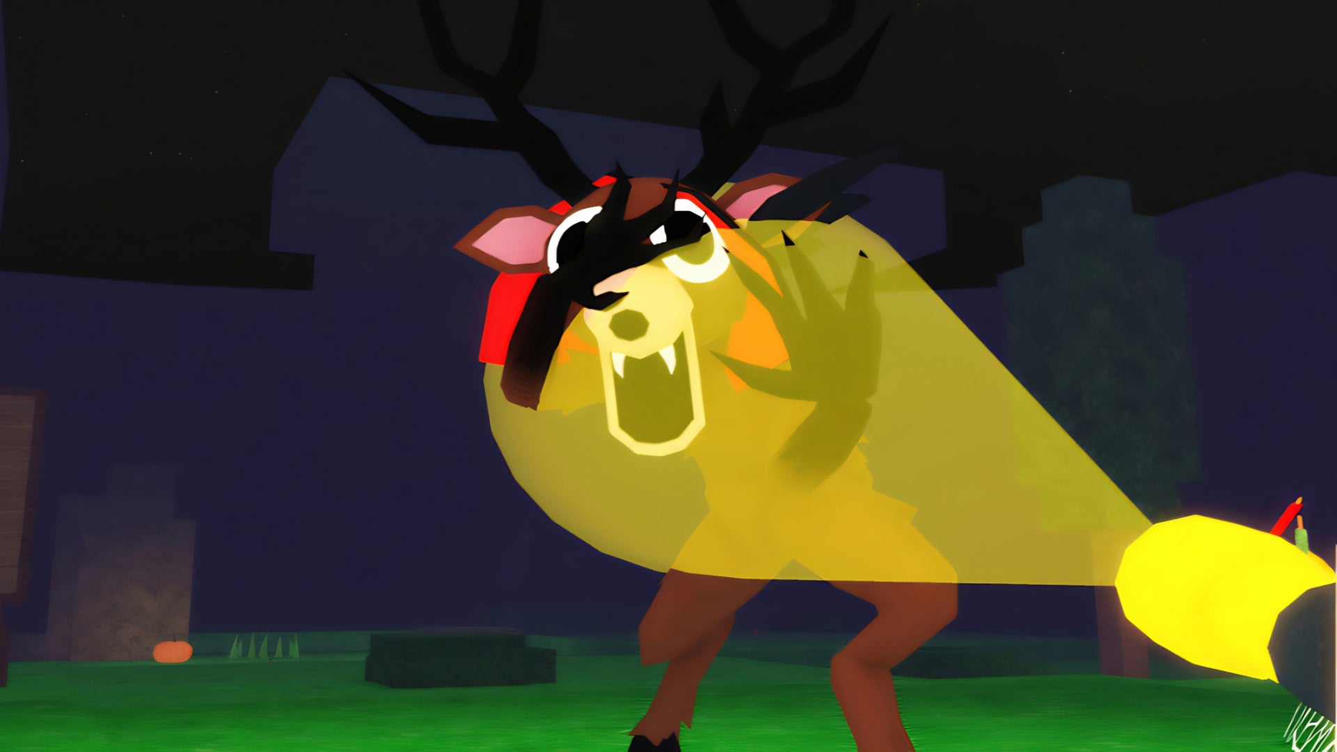 An in-game screenshot from the Roblox game, 99 Nights In The Forest, showing the Deer enemy being caught in the player's flashlight. - 1