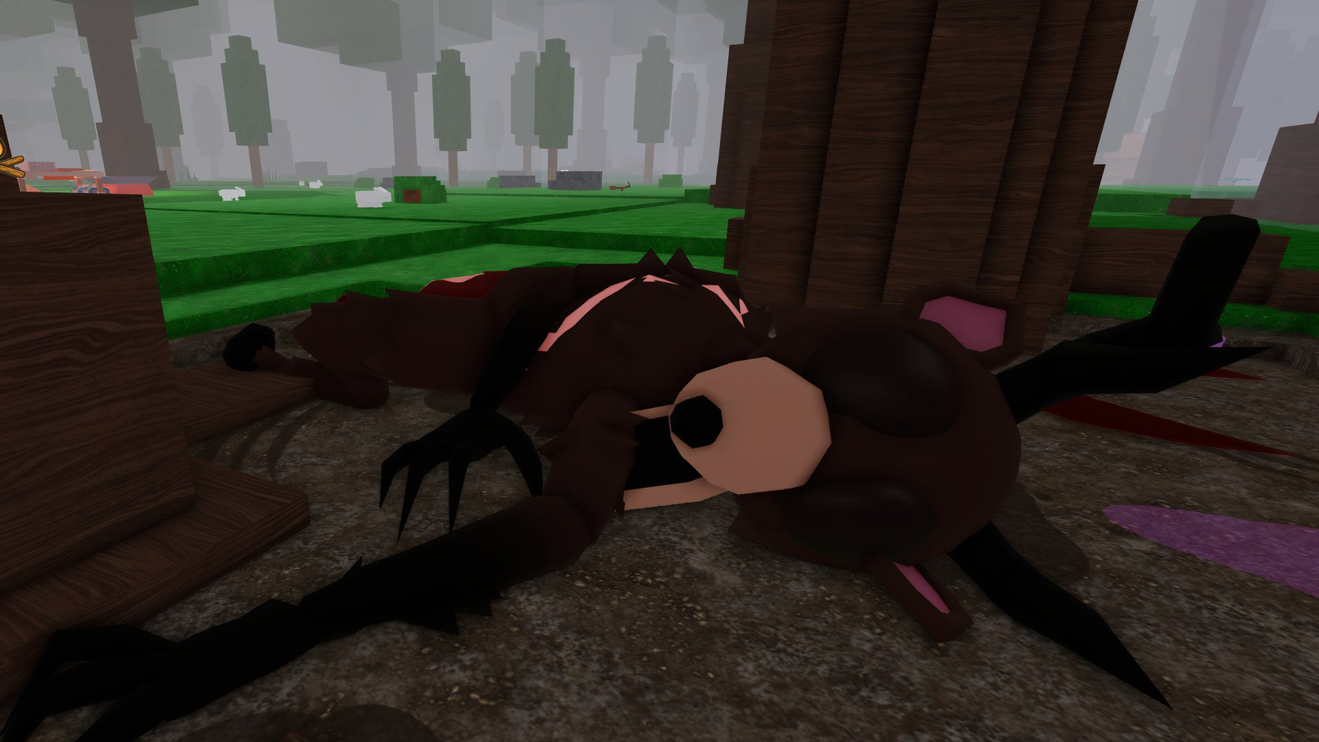 An in-game screenshot from Roblox's 99 Nights In The Forest, showing the event where the deer boss appears wounded in the forest, requiring the player's aid. - 1