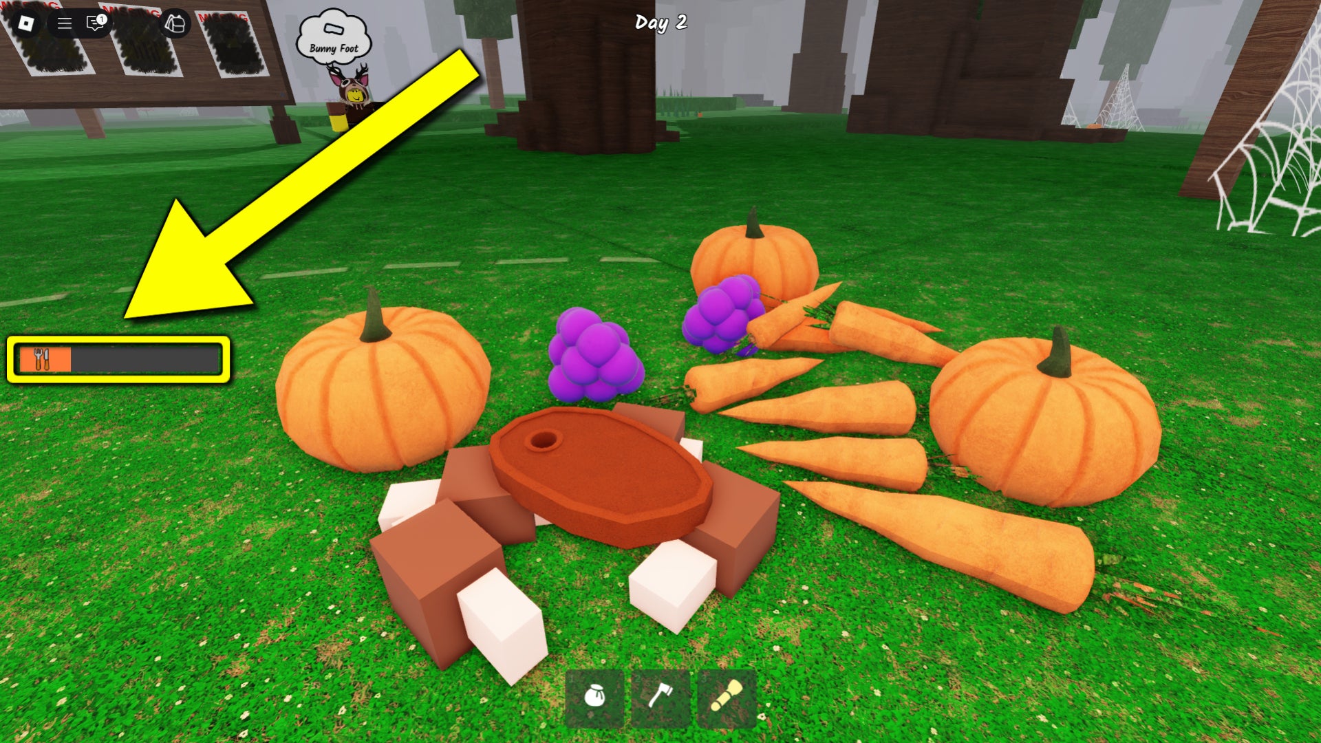 An in-game screenshot from the Roblox game 99 Nights In The Forest, featuring an arrow pointing to the hunger meter and a pile of food items. - 4