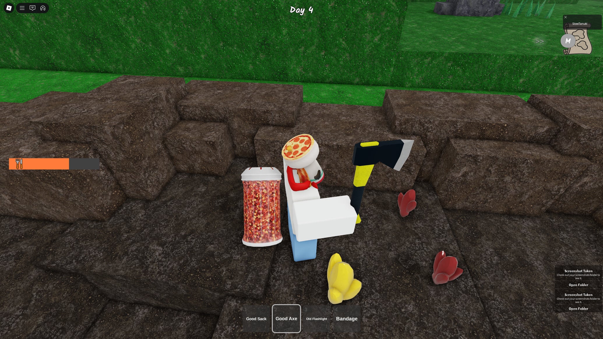 A character standing next to some Meteor Shards and a Gold Shard in 99 Nights in the Forest. - 1