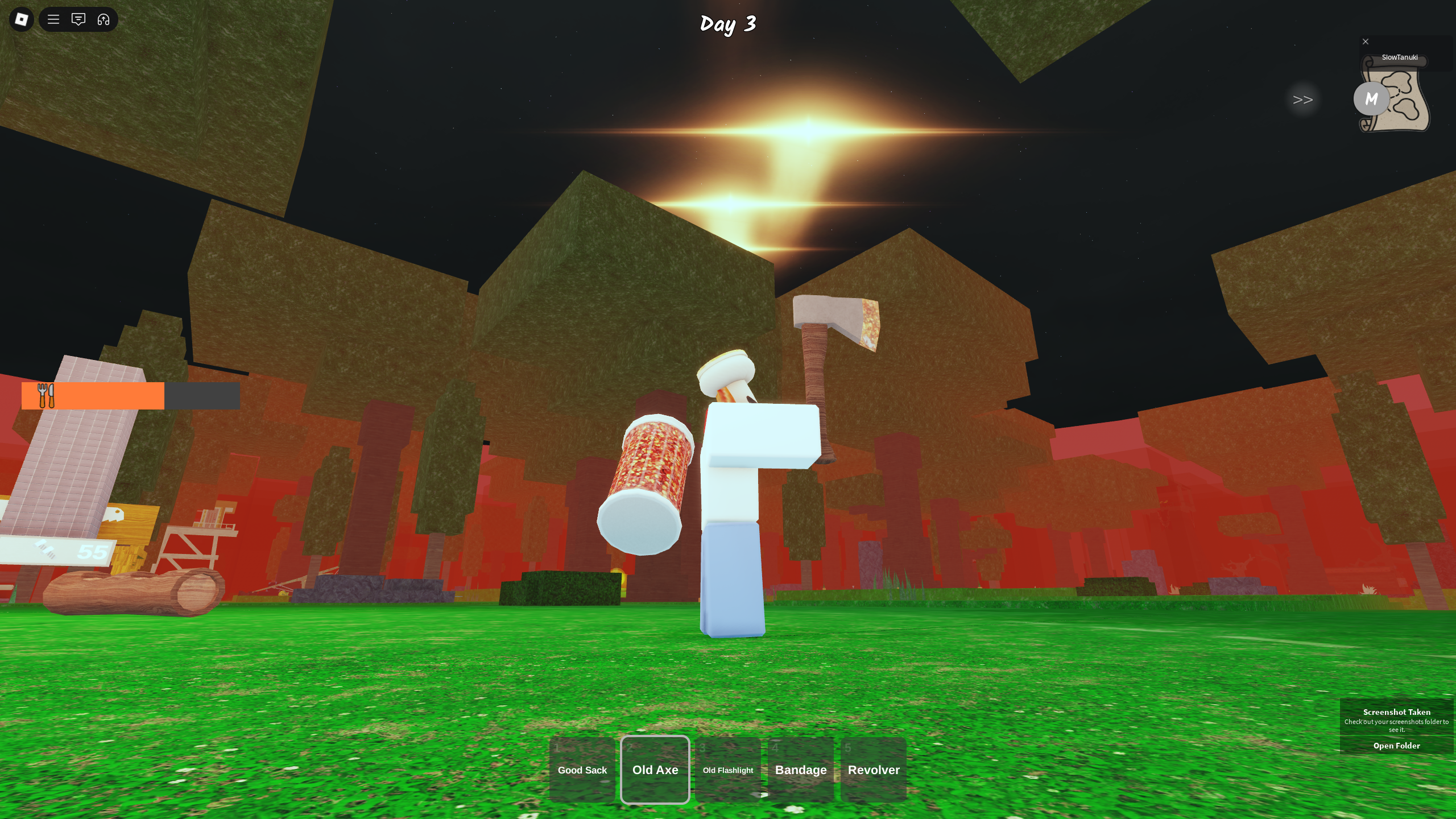 A character standing underneath a starry sky filled with a meteor shower in 99 Nights in the Forest. - 3