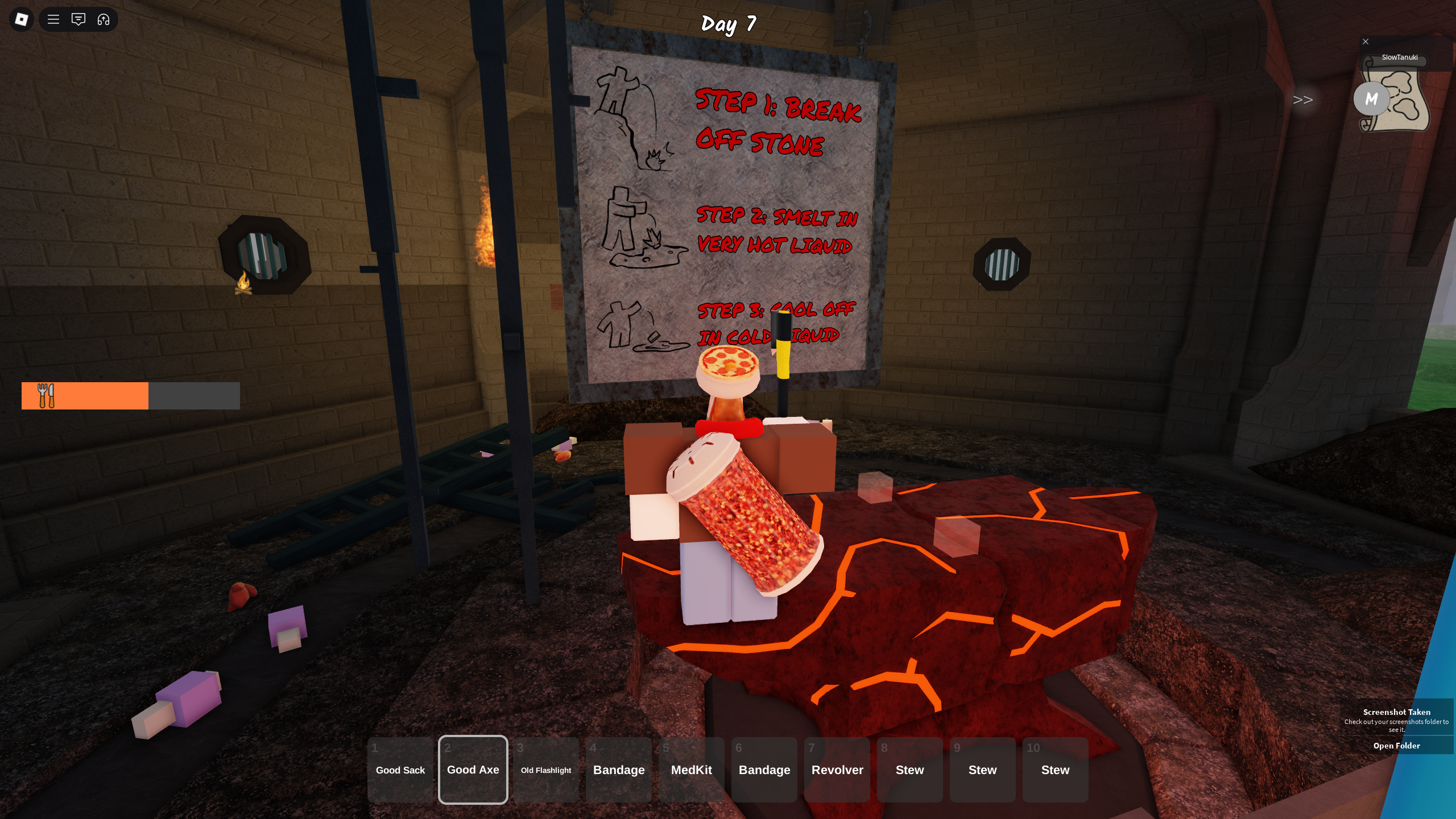 A character standing in front of the instruction board to make Obsidiron Ingots in 99 Nights in the Forest. - 7