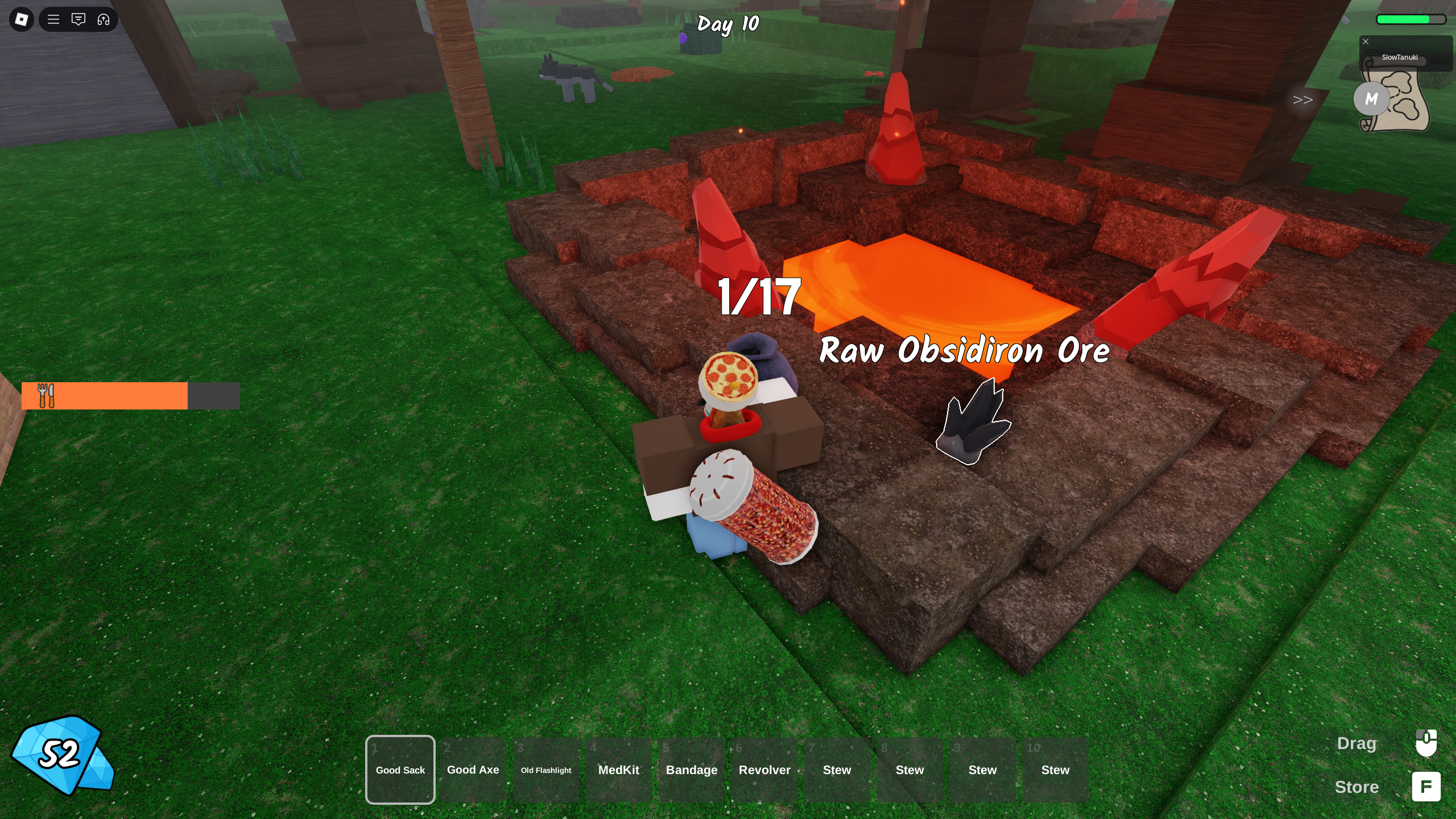 A character breaking off the outer stone layer of Raw Obsidiron Ore in 99 Nights in the Forest. - 8