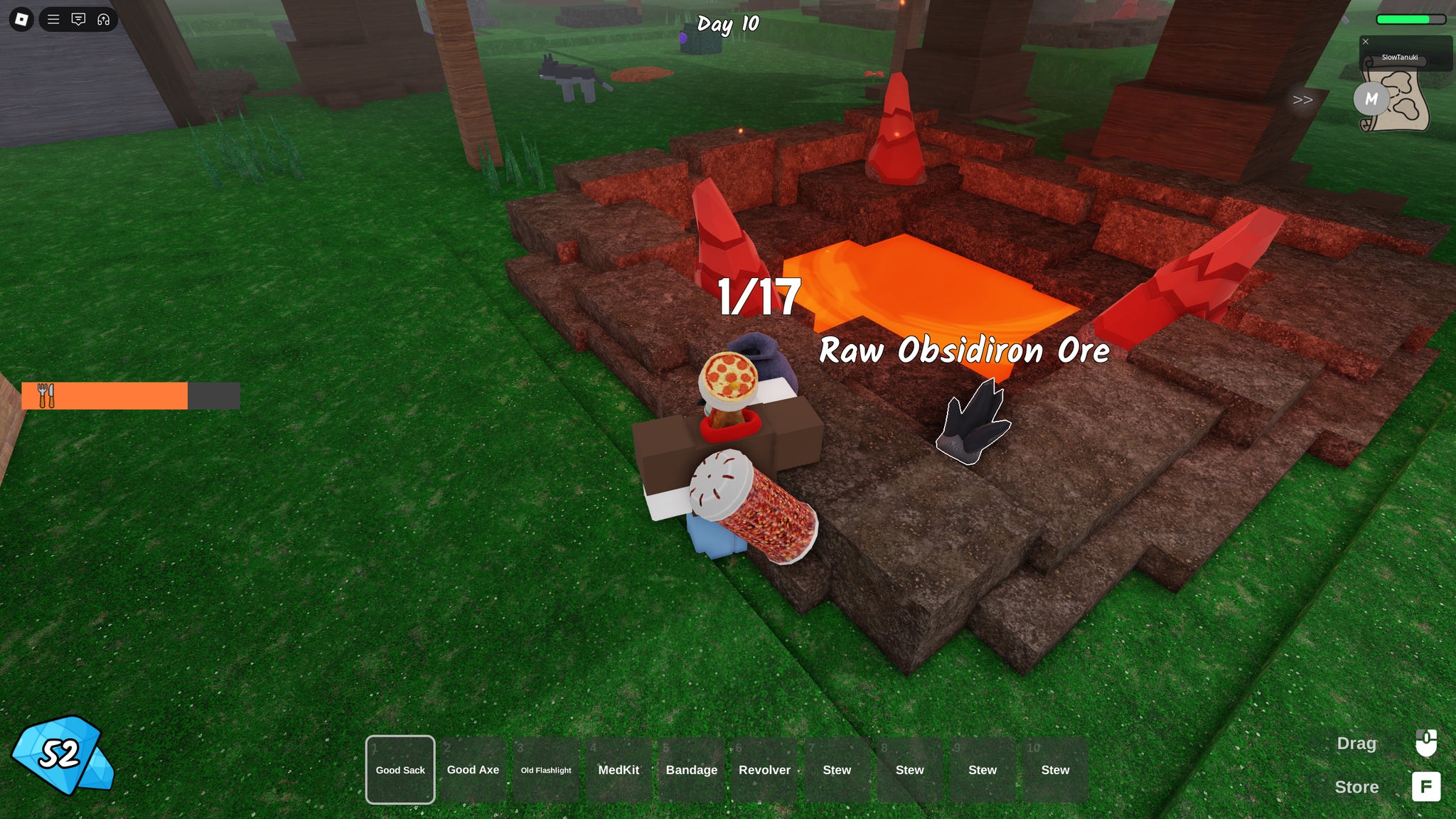 A character breaking off the outer stone layer of Raw Obsidiron Ore in 99 Nights in the Forest. - 8