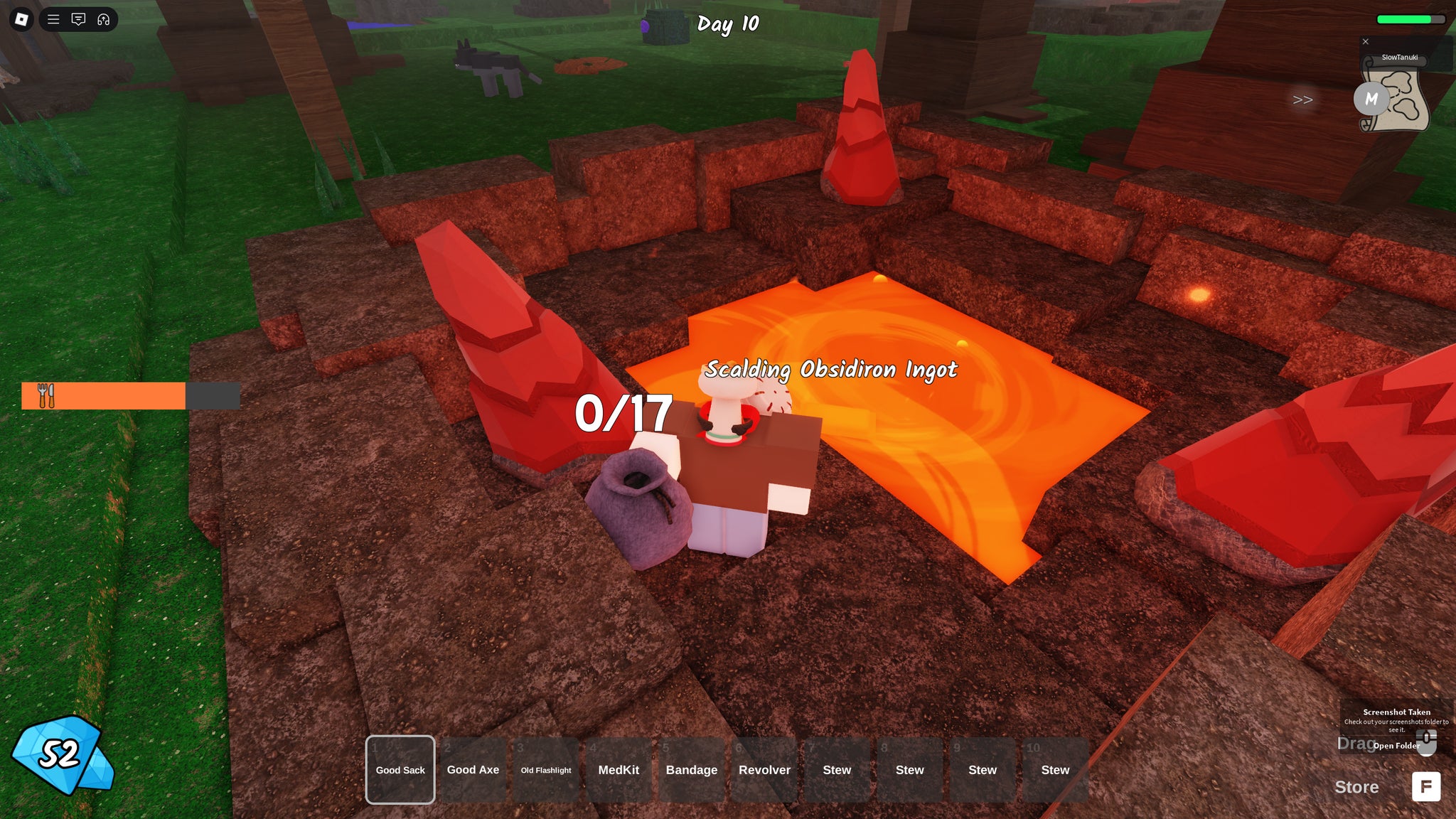 A character dropping a scalding Obsidiron Ingot into a pool of lava in 99 Nights in the Forest. - 9