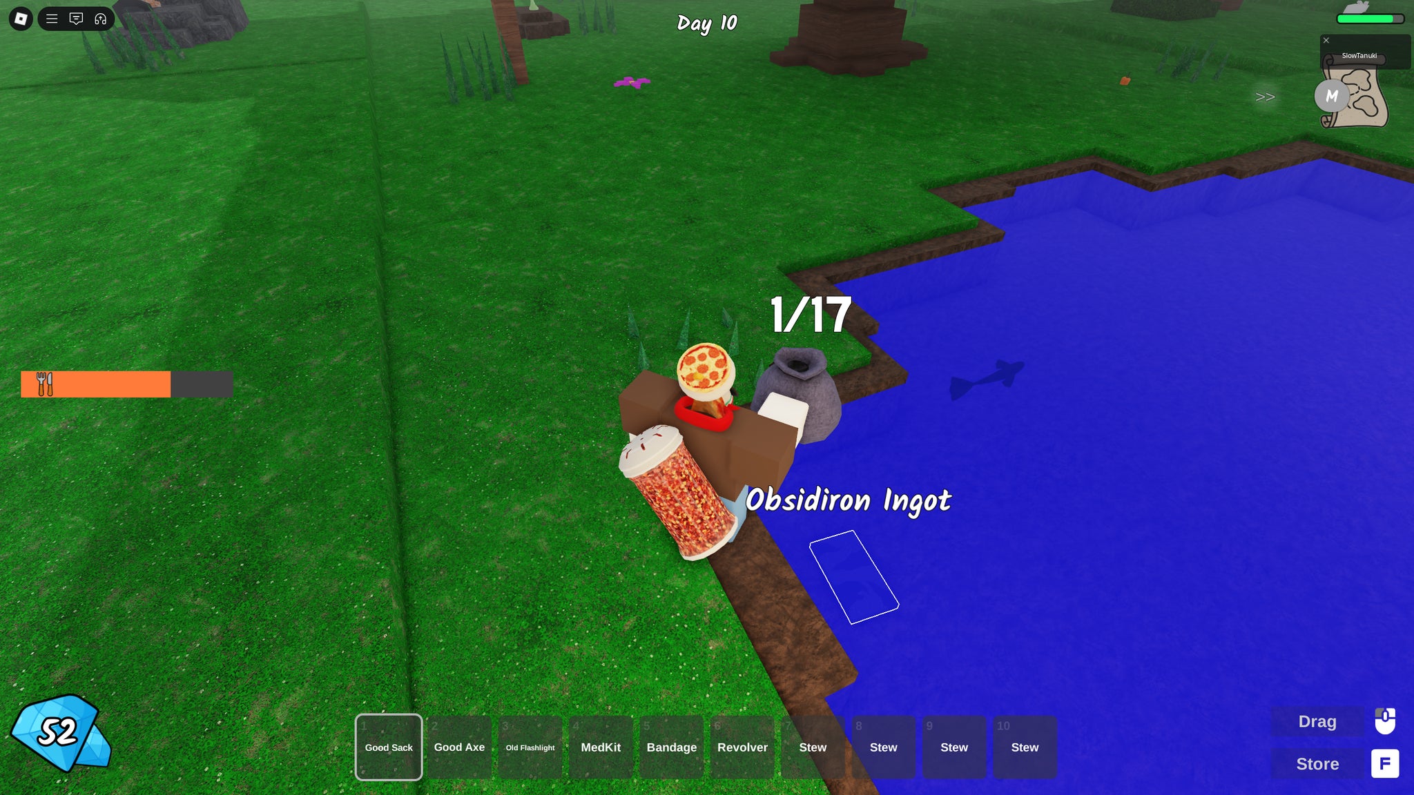 A character dropping an Obsidiron Ingot into a pool of water in 99 Nights in the Forest. - 10