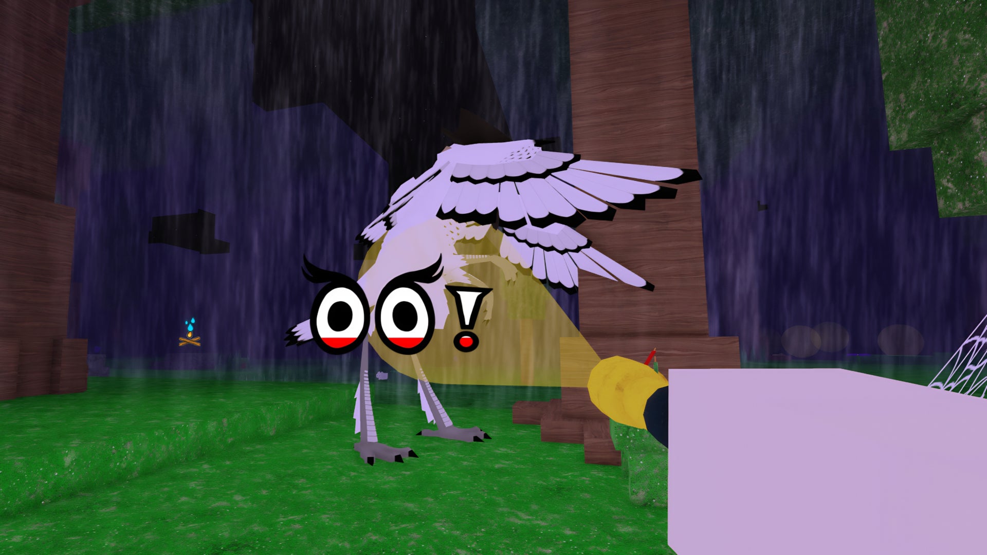 An in-game screenshot from the Roblox game 99 Nights In The Forest, showcasing the owl enemy and the sight icon that fills up when it attacks. - 9