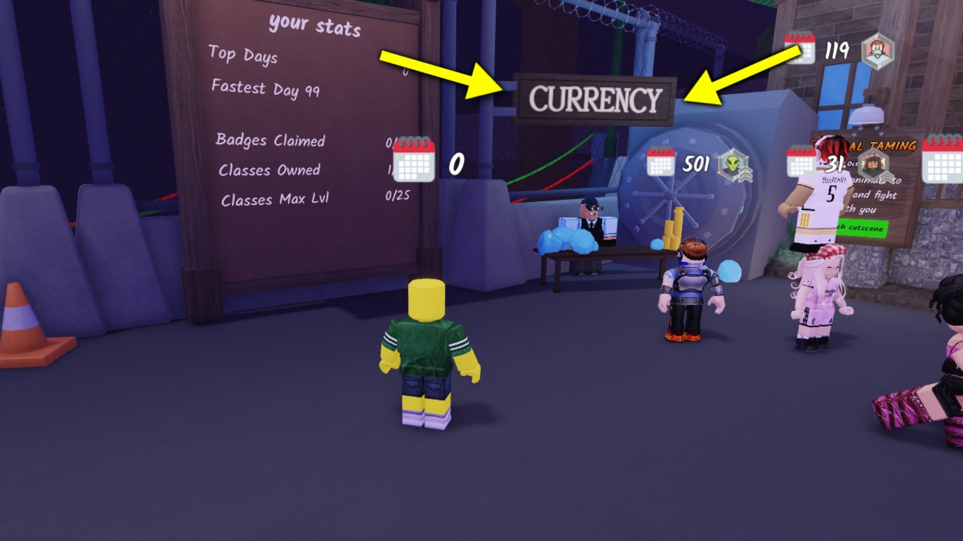 A screenshot from the Roblox game 99 Nights in the Forest with arrows pointing to the in-game currency vendor - 3
