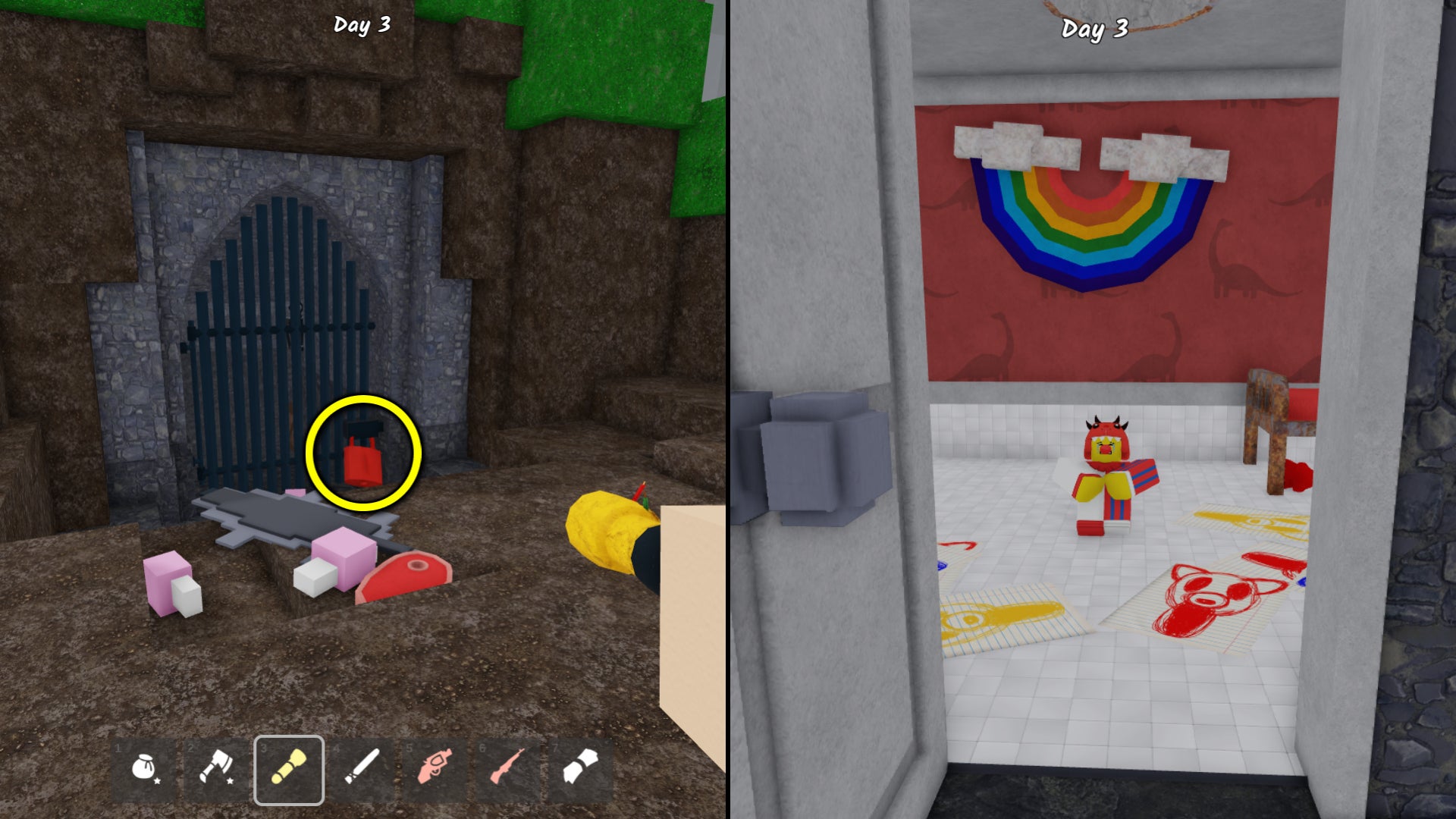 Two merged screenshots from the Roblox game 99 Nights In The Forest, showcasing the entrance to Dino Kid's missing children dungeon and Dino Kid sat inside his cell. - 13