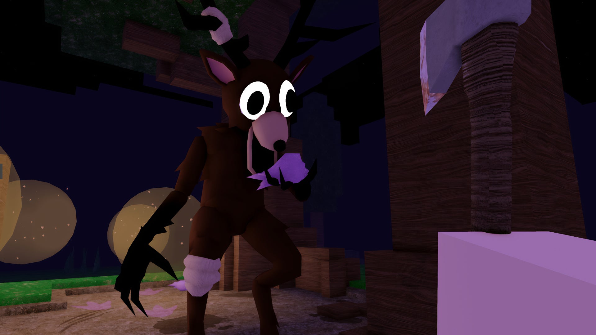 A screenshot from 99 Nights In The Forest on Roblox, showcasing the moment the player hands the deer a tuft of the bat's fur in the wounded event, leading to the bat cutscene. - 6