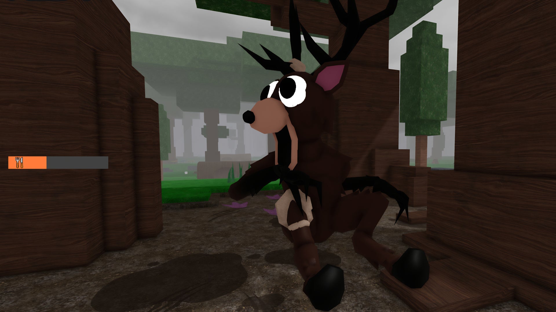 An in-game screenshot from Roblox's 99 Nights In The Forest, showing the deer looking around cautiously moments before he's attacked by two Alpha Wolves during the event where he appears wounded. - 5