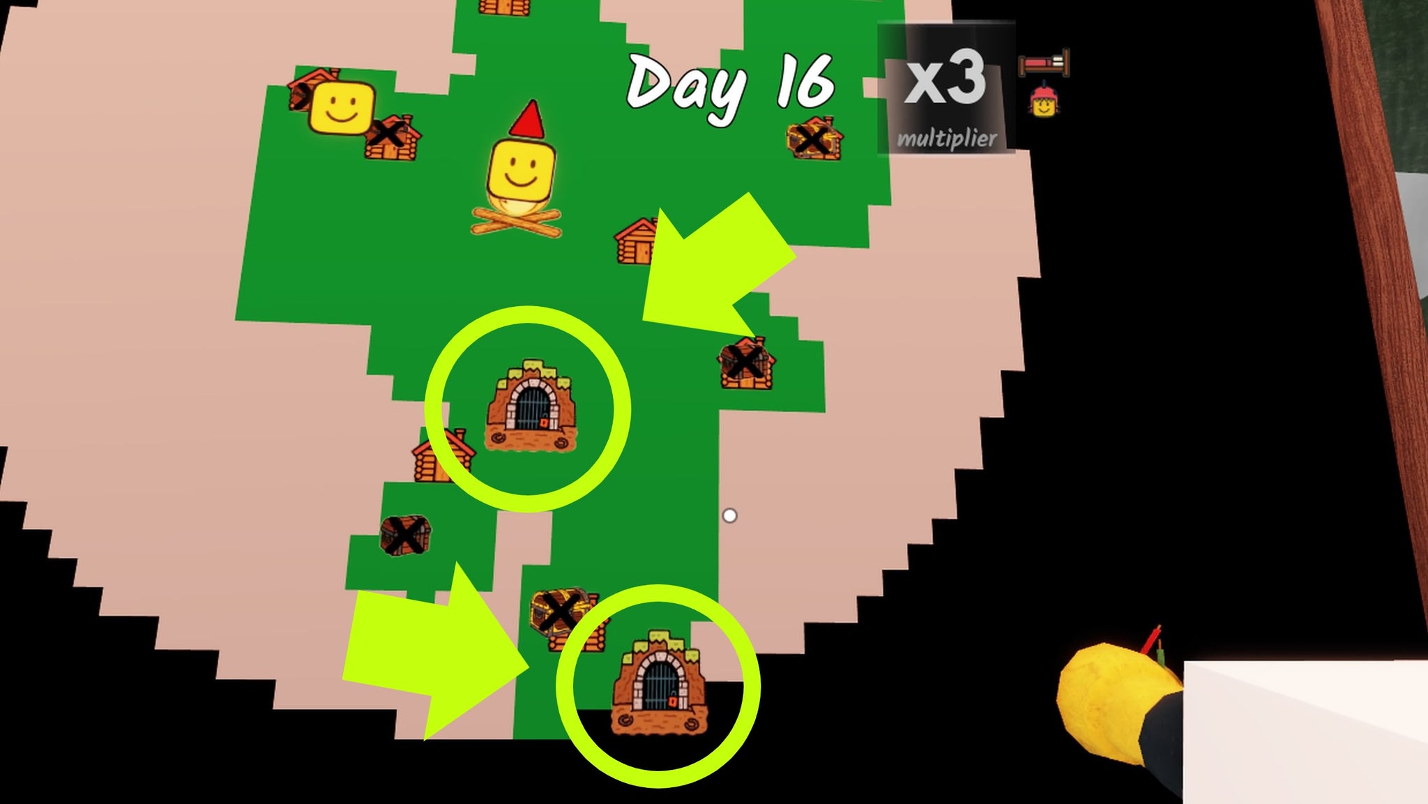 A map screen showing the locations of missing kids in 99 Nights in the Forest. - 4