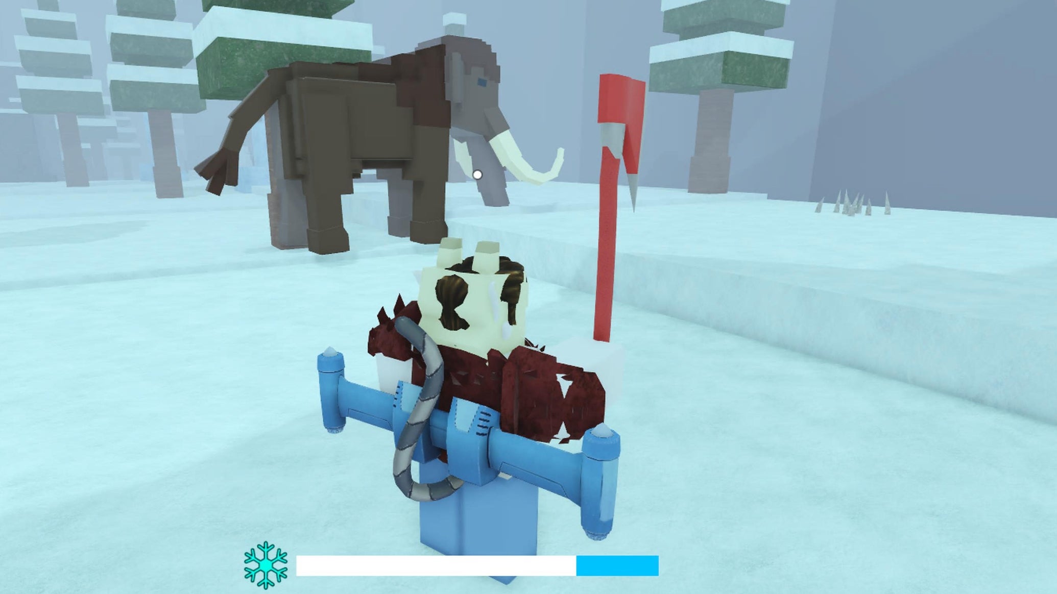 A character walking towards a woolly mammoth with an ice axe in 99 Nights in the Forest. - 1