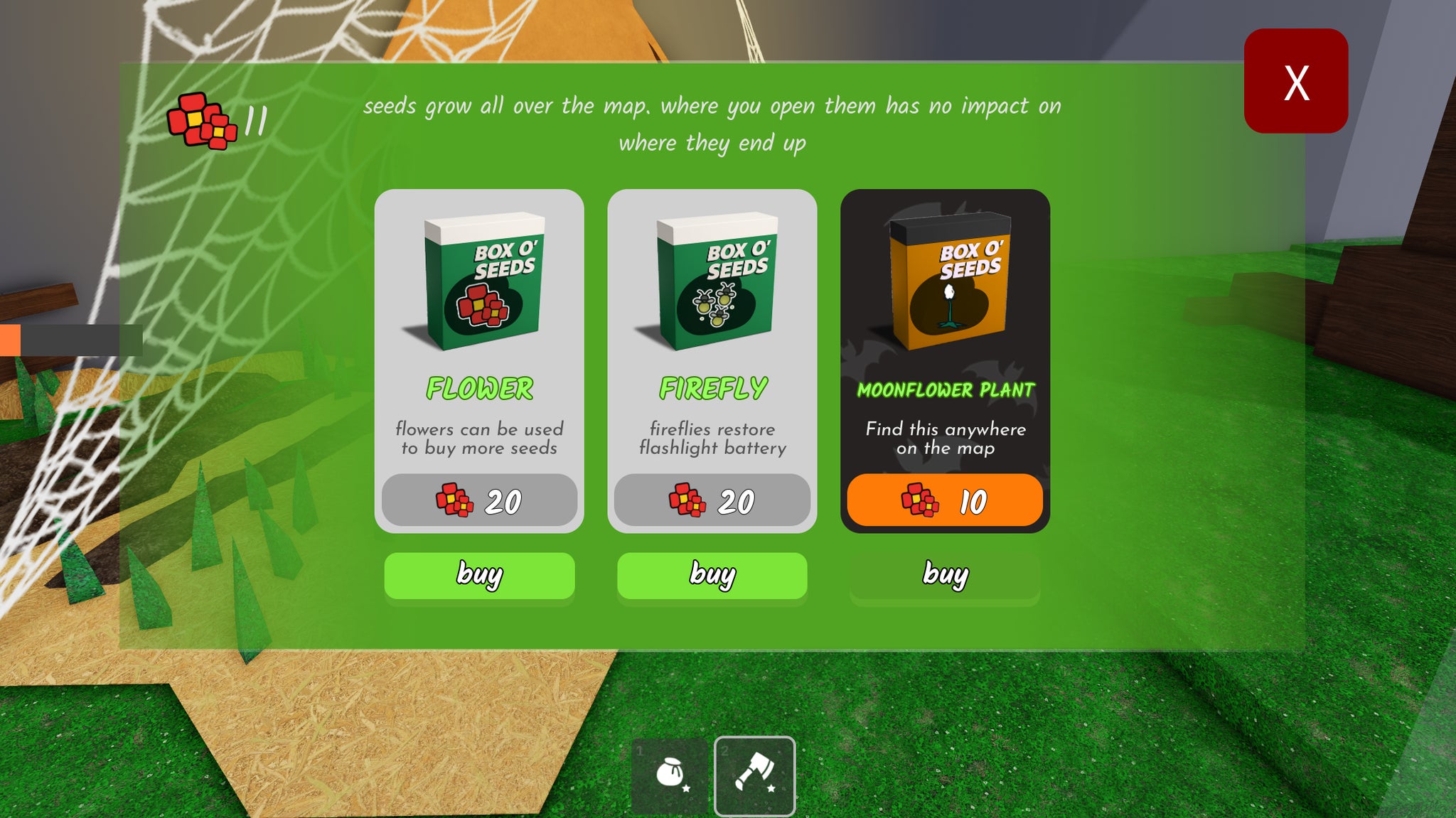 The Fairy menu in 99 Nights in the Forest showing Moonflower Seeds. - 4