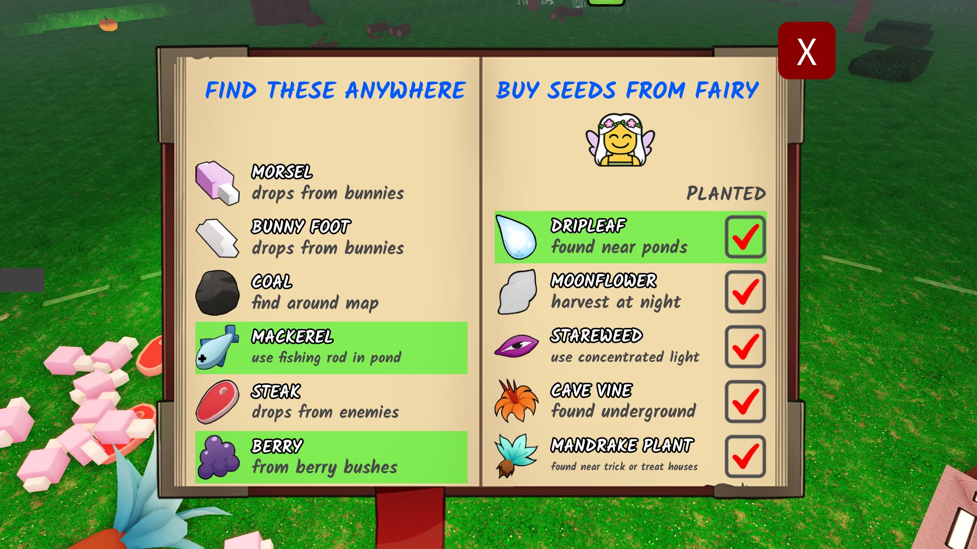 A screen showing the full list of ingredients in 99 Nights in the Forest. - 3