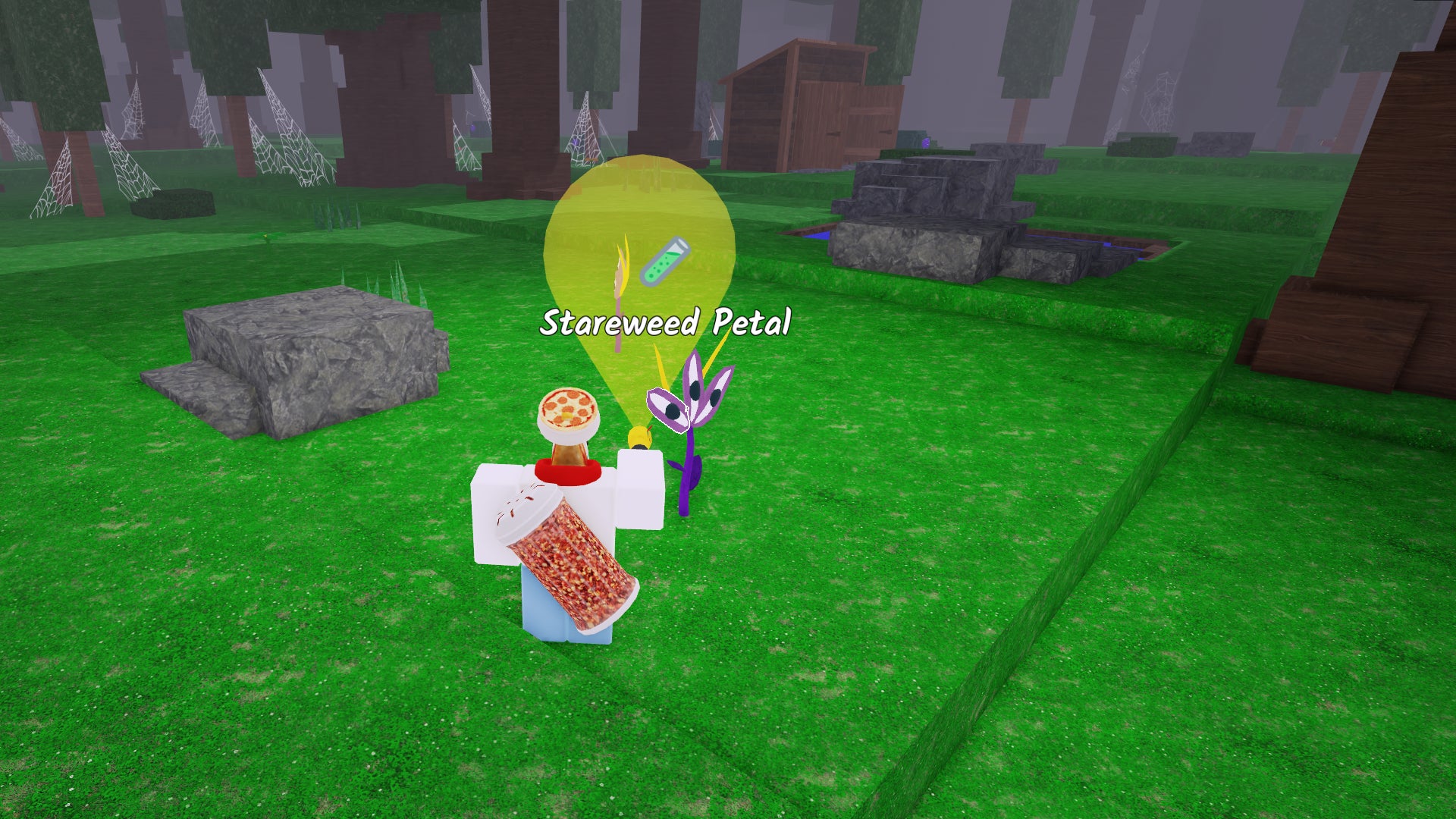 A character shining a flashlight on a Stareweed to collect the petal in 99 Nights in the Forest. - 7