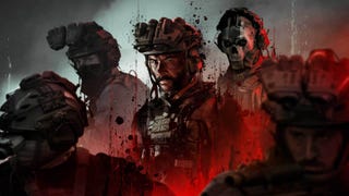 Characters from Modern Warfare 3, wearing army gear and helmets, stare out through smoke in this moody artwork for the game.