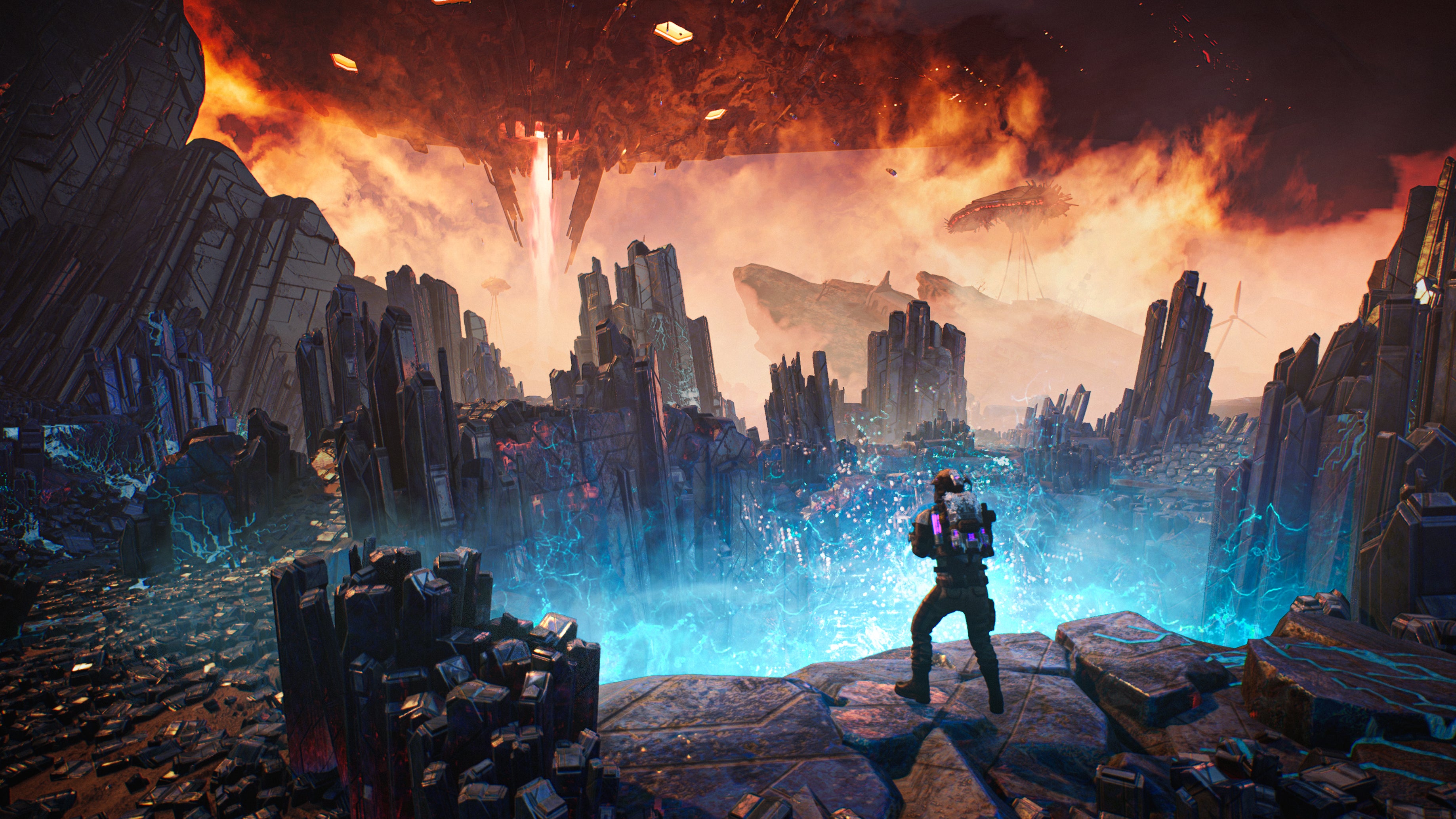 PUBG Battlegrounds' Xeno Point official screenshot showing a character looking out over near blue and distant orange in the sky