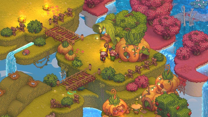 Two Yordles chat near a pumpkin-style house in Bandle Tale: A League Of Legends Story