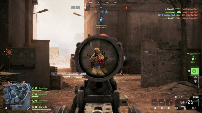A screenshot of Battlefield 6, showing the player shooting an enemy as they aim down their gunsights.