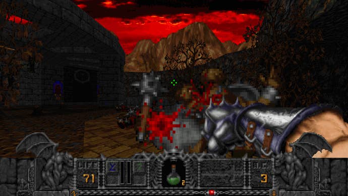 A screenshot of Hexen: Vestiges of Glory, showing the player punching a two-headed dogman to death.