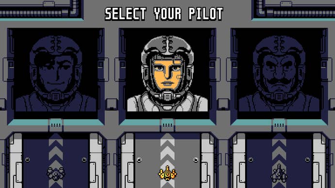 A pilot selection screen for an arcade shooter in UFO 50.