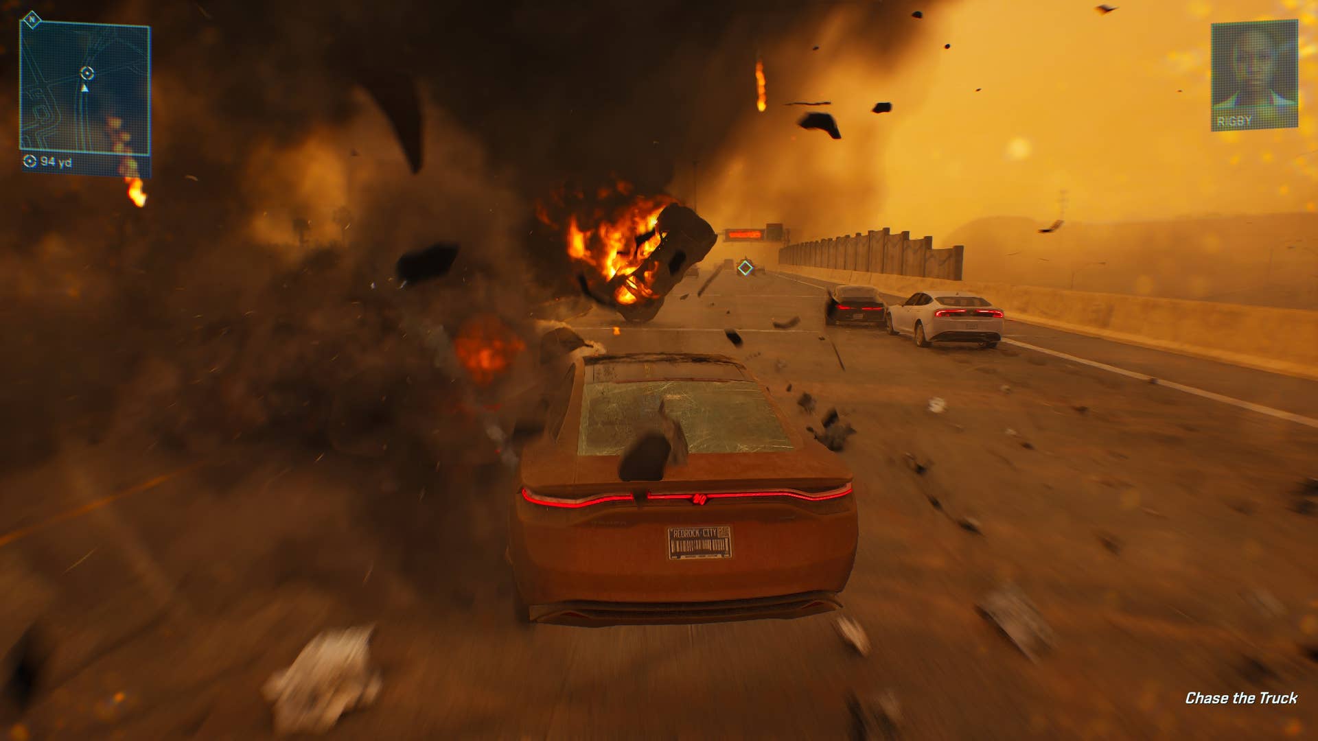 A screenshot of MindsEye, showing the player driving through a sandstorm.