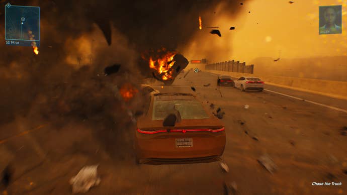 A screenshot of MindsEye, showing the player driving through a sandstorm.