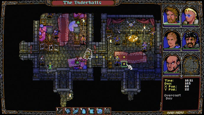 Uma captura de tela de Skald: Against the Black Priory: mostrando o jogador explorando o Mercado Negro escondido nos esgotos de Horryn.