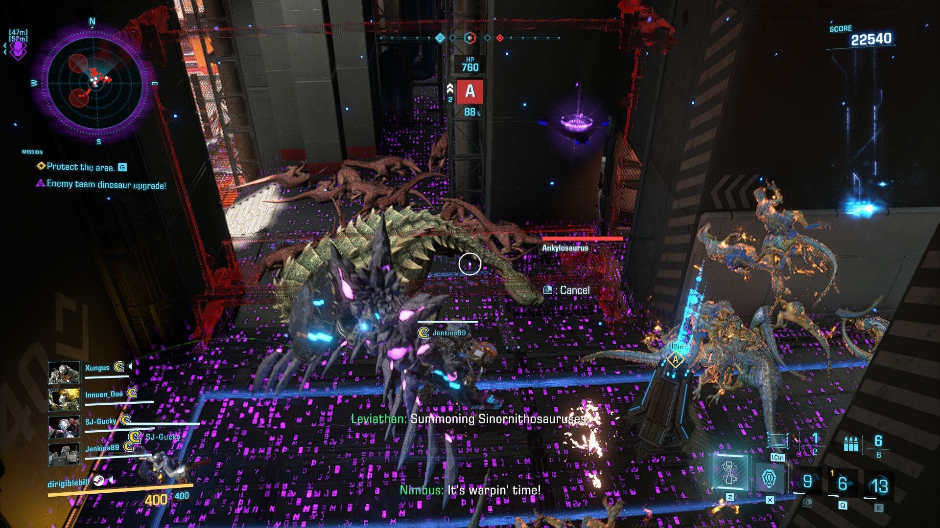 A later battle from Exoprimal, with the player gliding above an area defended by forcefields.