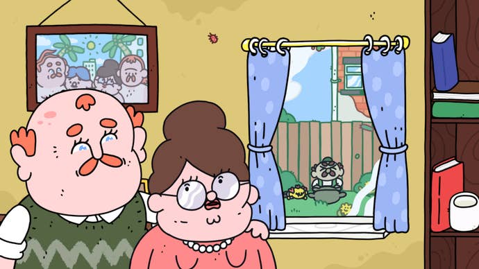 Thank Goodness You’re Here! screenshot showing a northern couple smiling at each other in their house with you outside