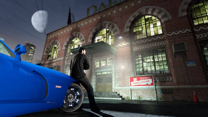 A GTA Online character leans on a car looking up at the Darnell Bros Garment Factory