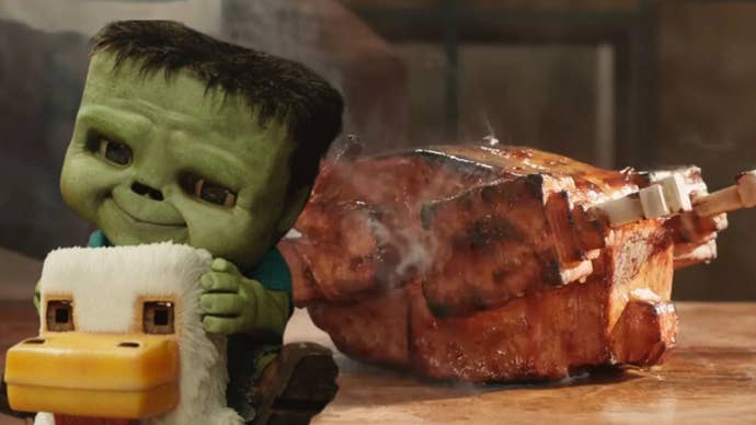 A Minecraft Movie image showing a zombie riding a chicken next to an image of a cooked chicken