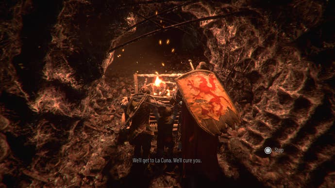 The interior of a rat’s nest, where three heroes push a cart in the darkness with a flame on.