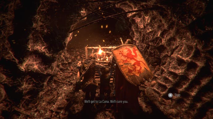 The interior of a rat's nest, where three heroes push a cart in the darkness with a flame on.