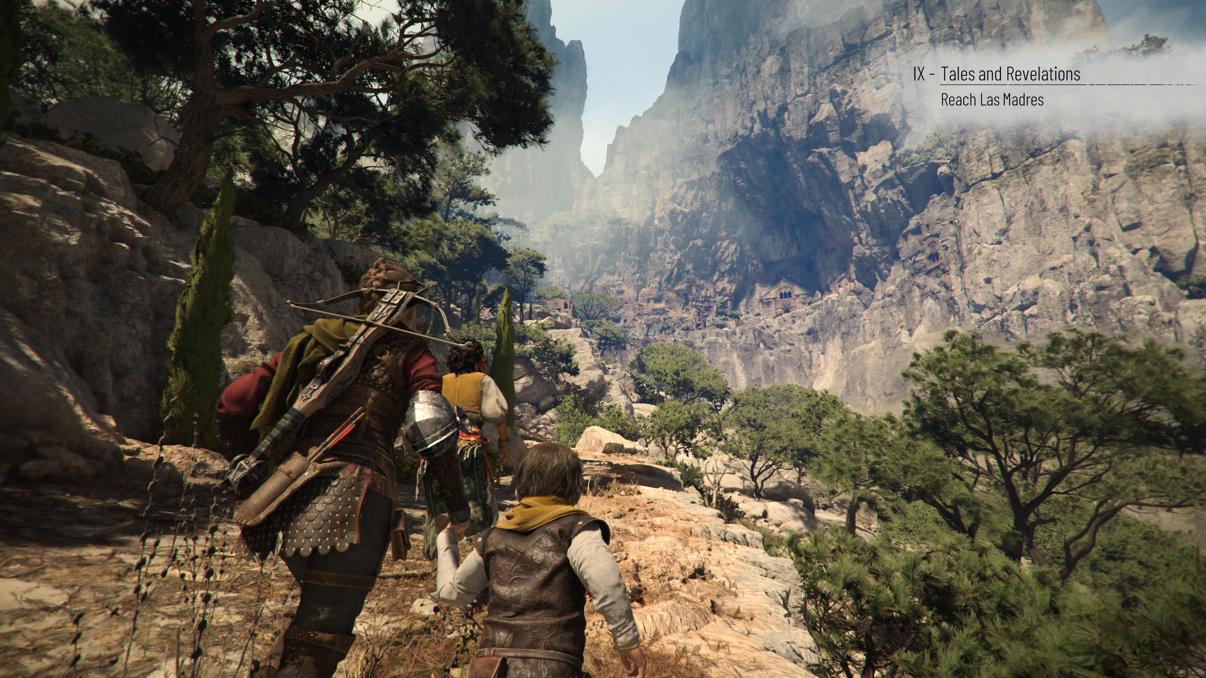 Running up the side of a mountain, towards a temple carved into it.