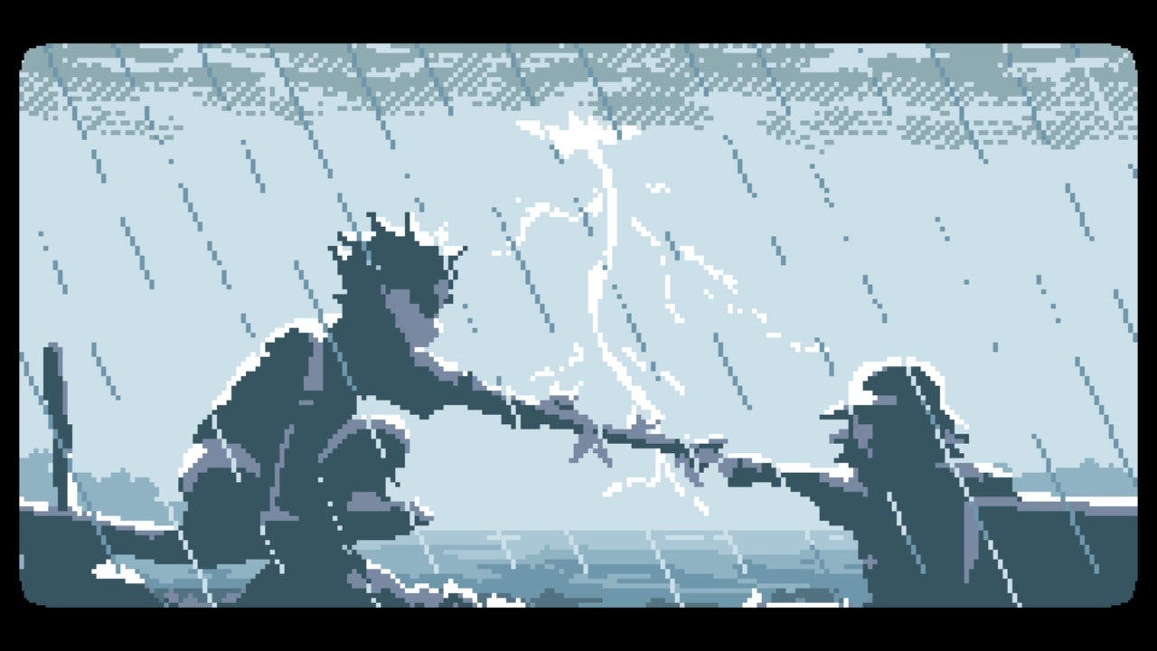 A Space for the Unbound review - silhouetted dramatically against a pale blue background showing a crack of lighting, Atma reaches out with a stick to try to save a friend from drowning