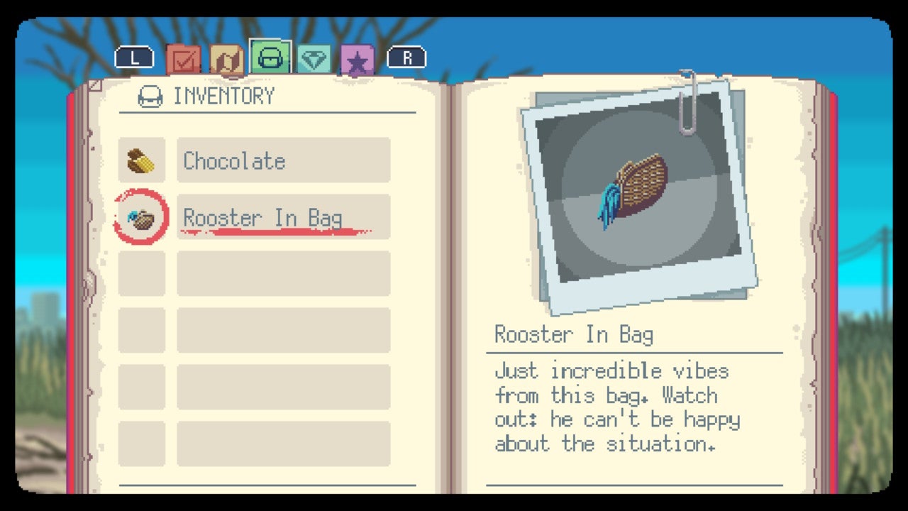 A Space for the Unbound review - in a red journal showing your inventory, an item called Rooster In Bag is displayed with a quip about the &lsquo;incredible vibes&rsquo; coming from it
