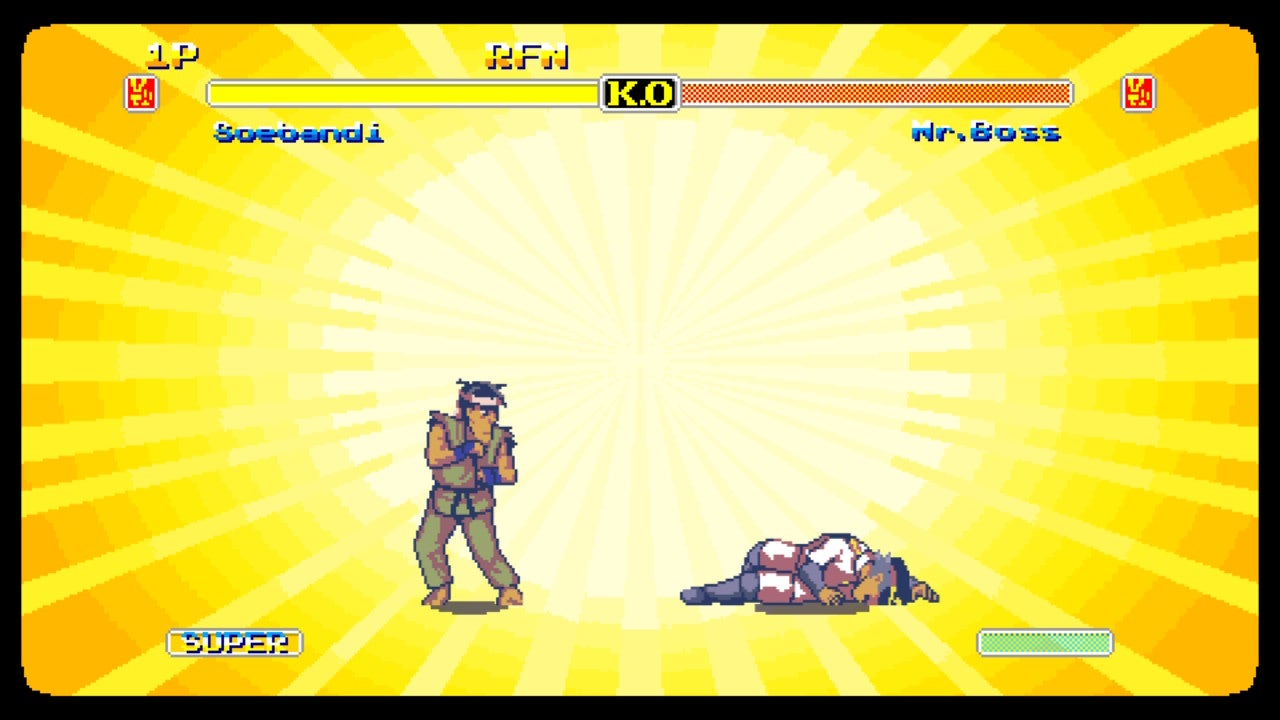 A Space for the Unbound review - in a Street Fighter-style minigame with bright orange-yellow background, an old sensei stands victorious over a KO&rsquo;d foe