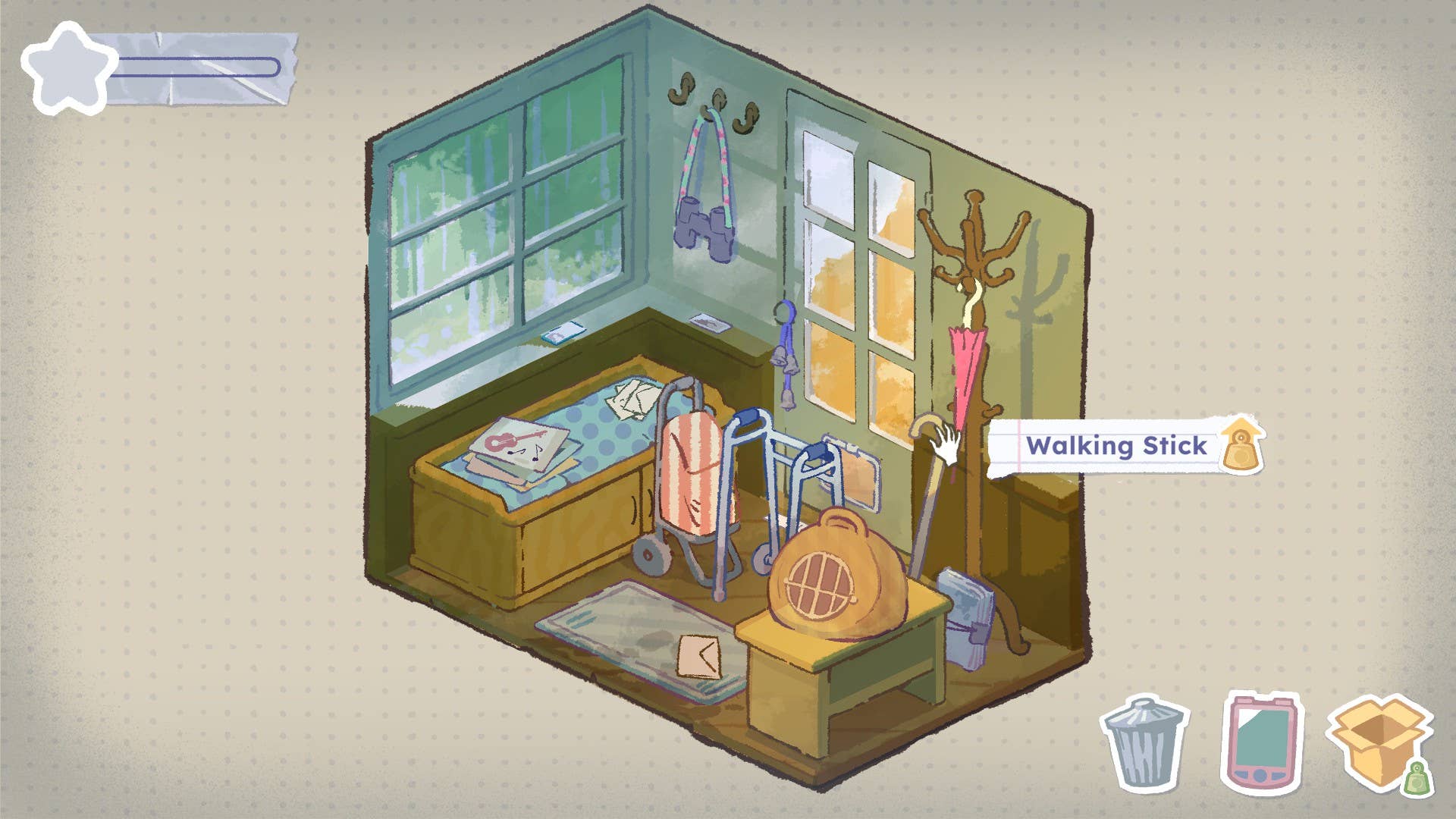 Anche se involontariamente, il videogioco di puzzle "A Storied Life: Tabitha" rischia di trasformare il lutto in un passatempo. 2 A small entrance hallway full of household items in A Storied Life: Tabitha.
