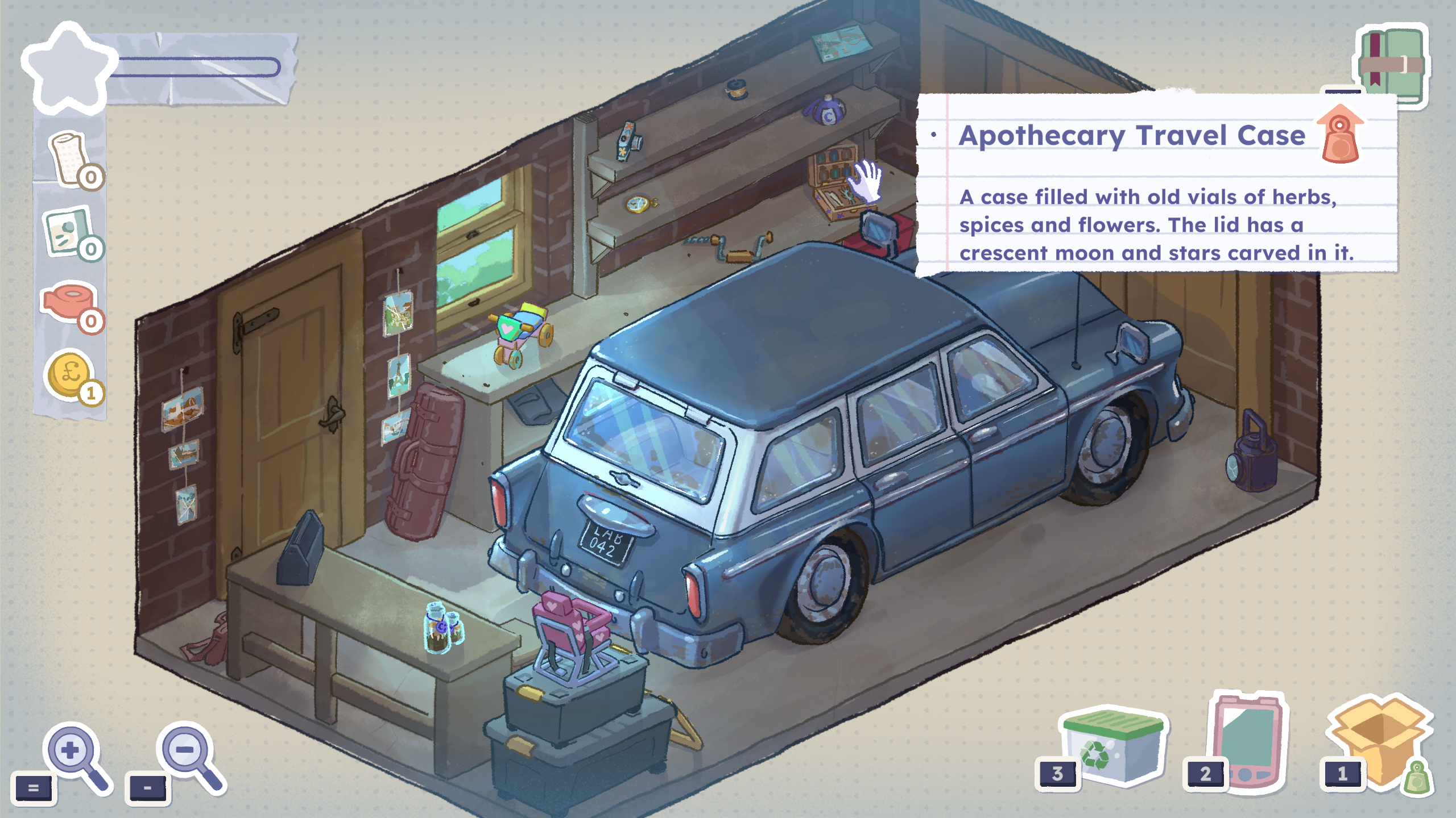 A junk-strewn garage in A Storied Life: Tabitha, still containing the deceased's ancient car.