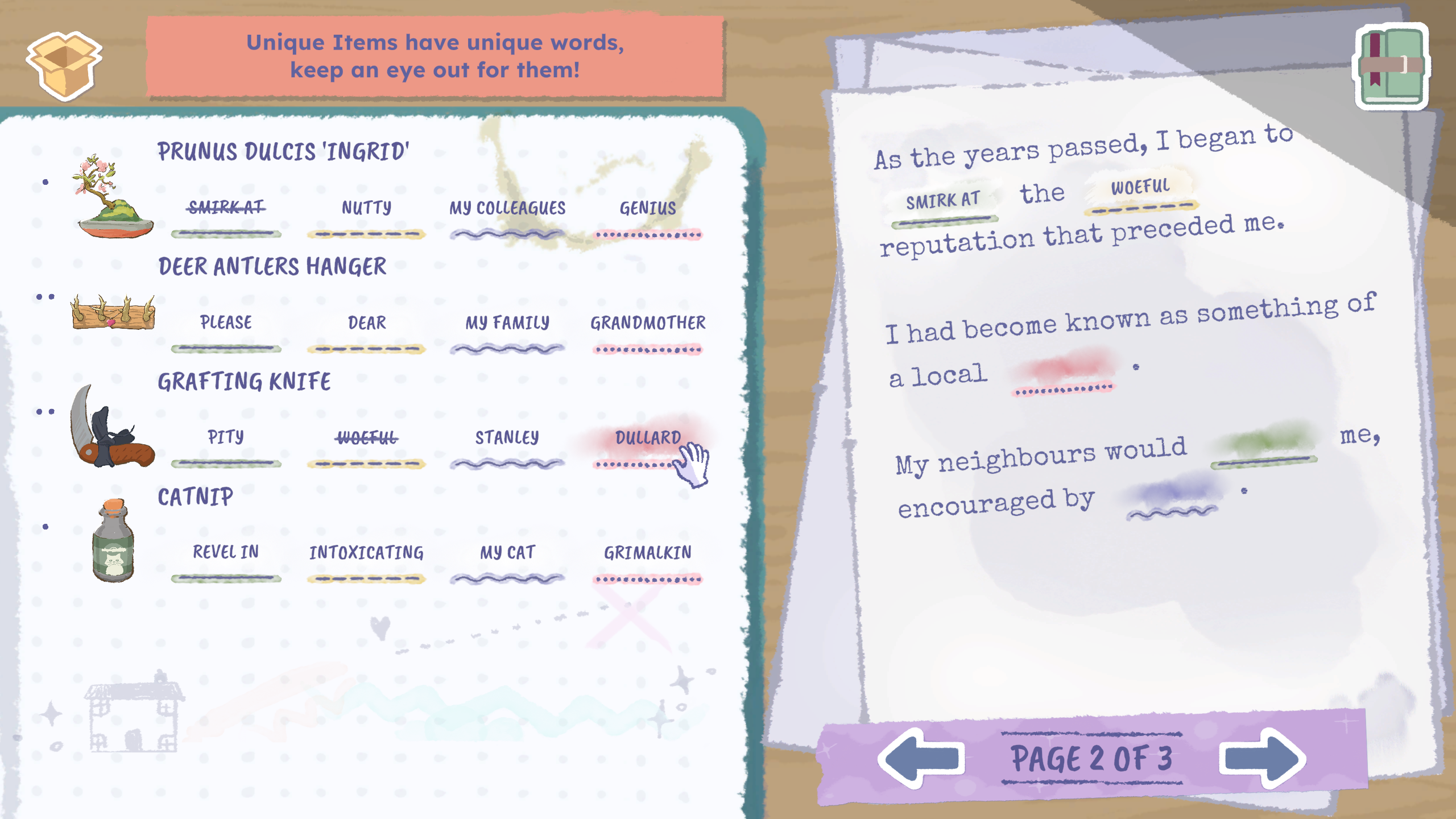 Writing a memoir page about local reputations, using word prompts from packed objects, in A Storied Life: Tabitha.