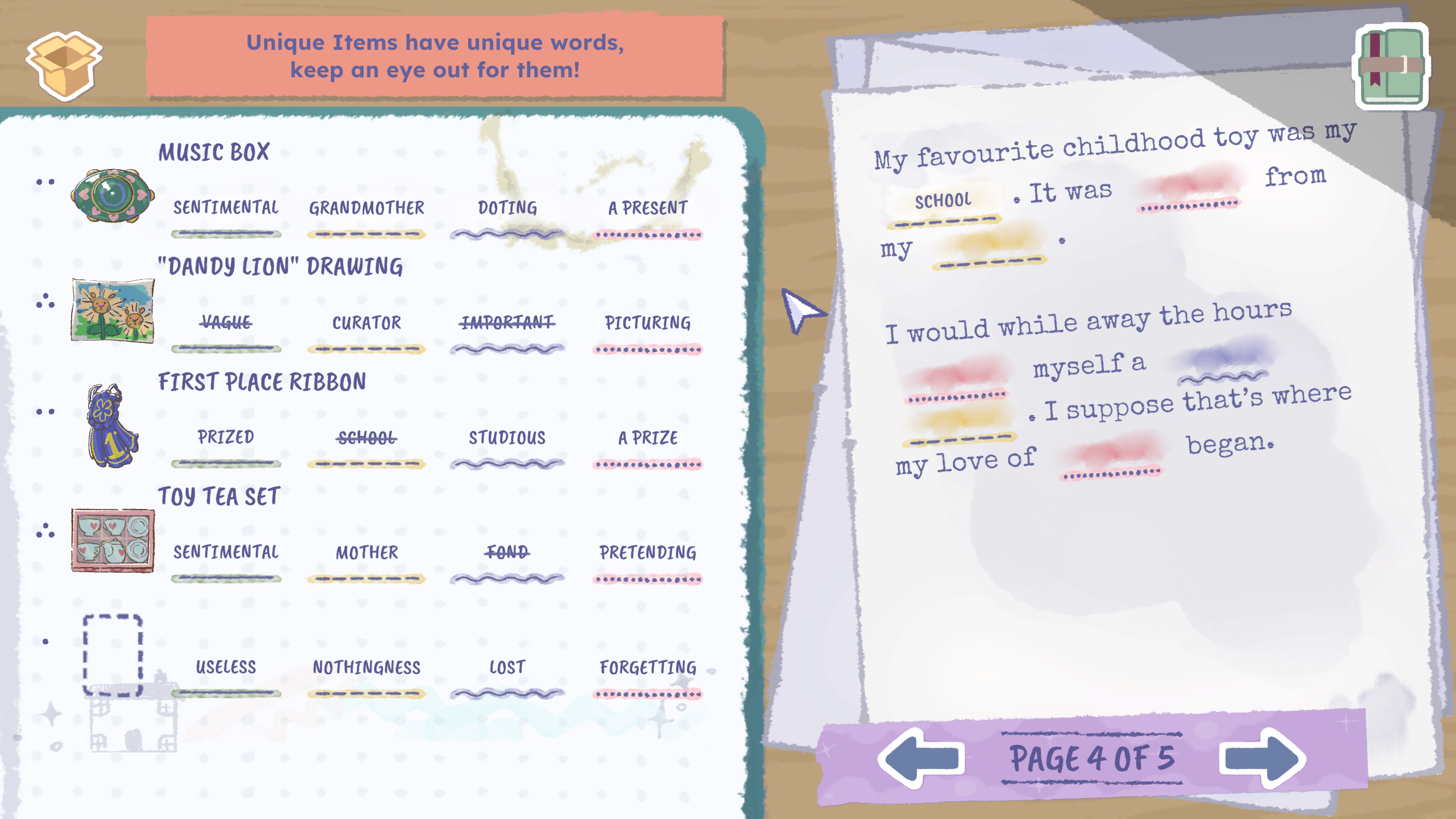 Writing a memoir page about childhood toys, using word prompts from packed objects, in A Storied Life: Tabitha.