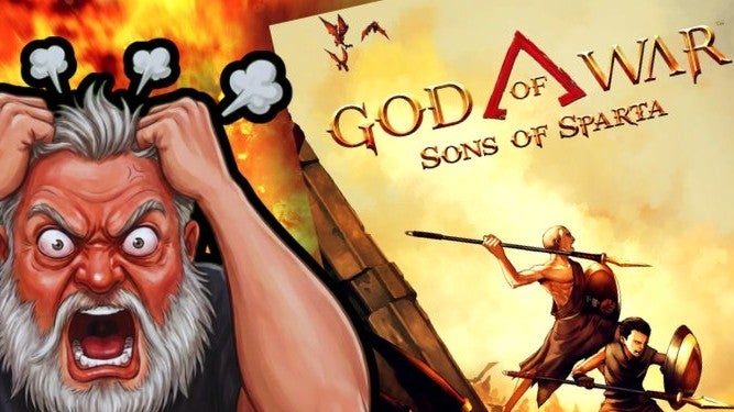 A cartoony man on the left pulls his hair as he is left red faced in frustration with an image of Sons of Sparta's key art next to him