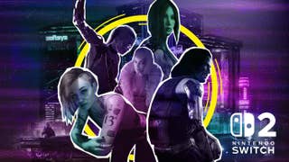 A central montage of Cyberpunk 2077 characters with a hazy purple filter over backdrop of Night City, with neon yellow detailing. A Switch 2 logo in in the lower right corner