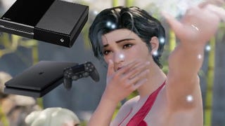 A lady in a swim suit looks shocked in a still from The First Descendant. An Xbox One and PS4 console are to the side