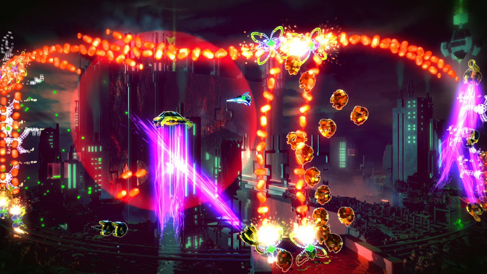 A level in Resogun with bullets and blasts flying what seems like everywhere in a scifi world
