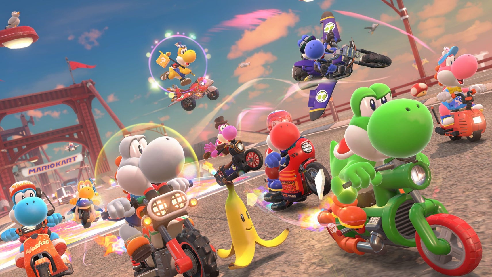A lot of Yoshis racing in Mario Kart World